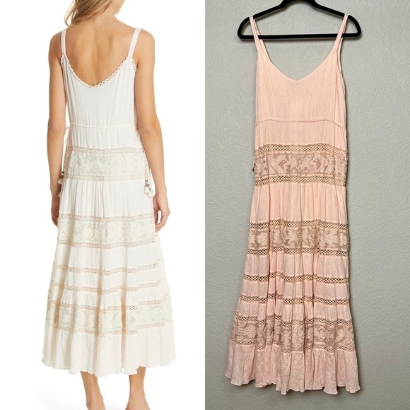 LOVE SAM Tiered Ruffle Beaded Lace Crochet Cinch Waist Sleeveless Maxi Dress S - Picture 2 of 7